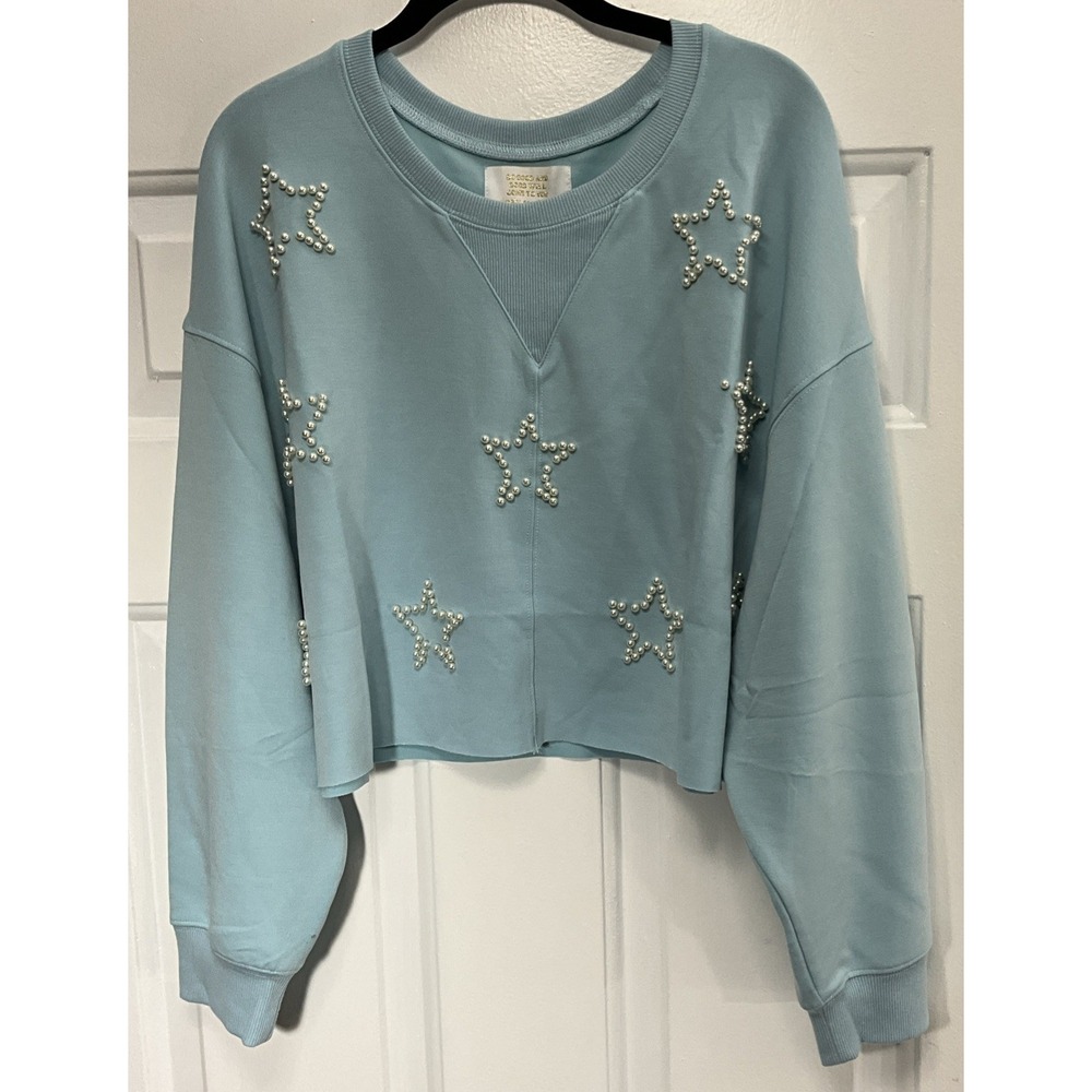 Simply Southern Pearl Embellished Baby Blue Cropped Sweater/Pullover Women Large